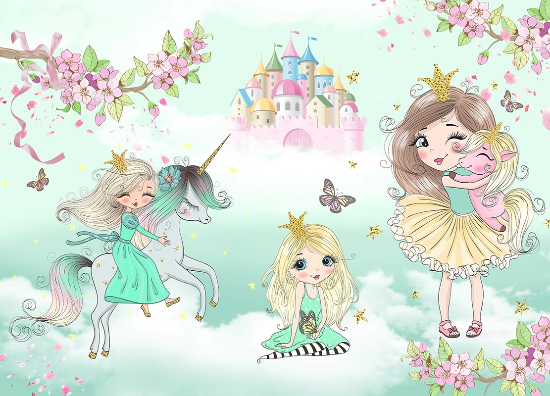 принцессы, HD, единорог, замок, детские, для девочек, зеленые, желтые, розовые