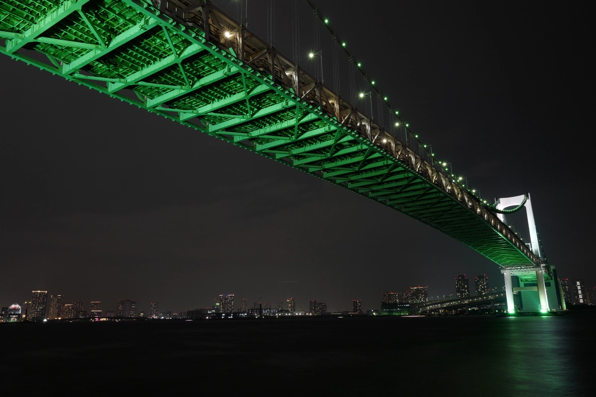 мост, освещение, япония, ночь, зеленые, черные