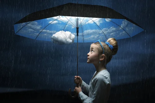 девочка, зонтик, дождь, облако, синие, серые, голубые, детские