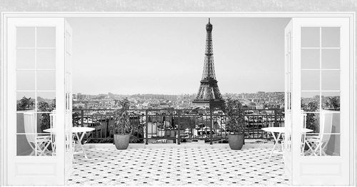 панорама, черно-белый, черный, окно, терраса, эйфелева башня, Париж, балкон, серый, белый